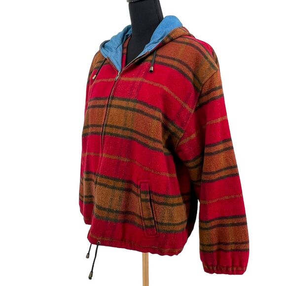 Fleet Street Sport Wool Blend Hooded Red Plaid Vest Coat Jacket Zipper Medium - Picture 4 of 6